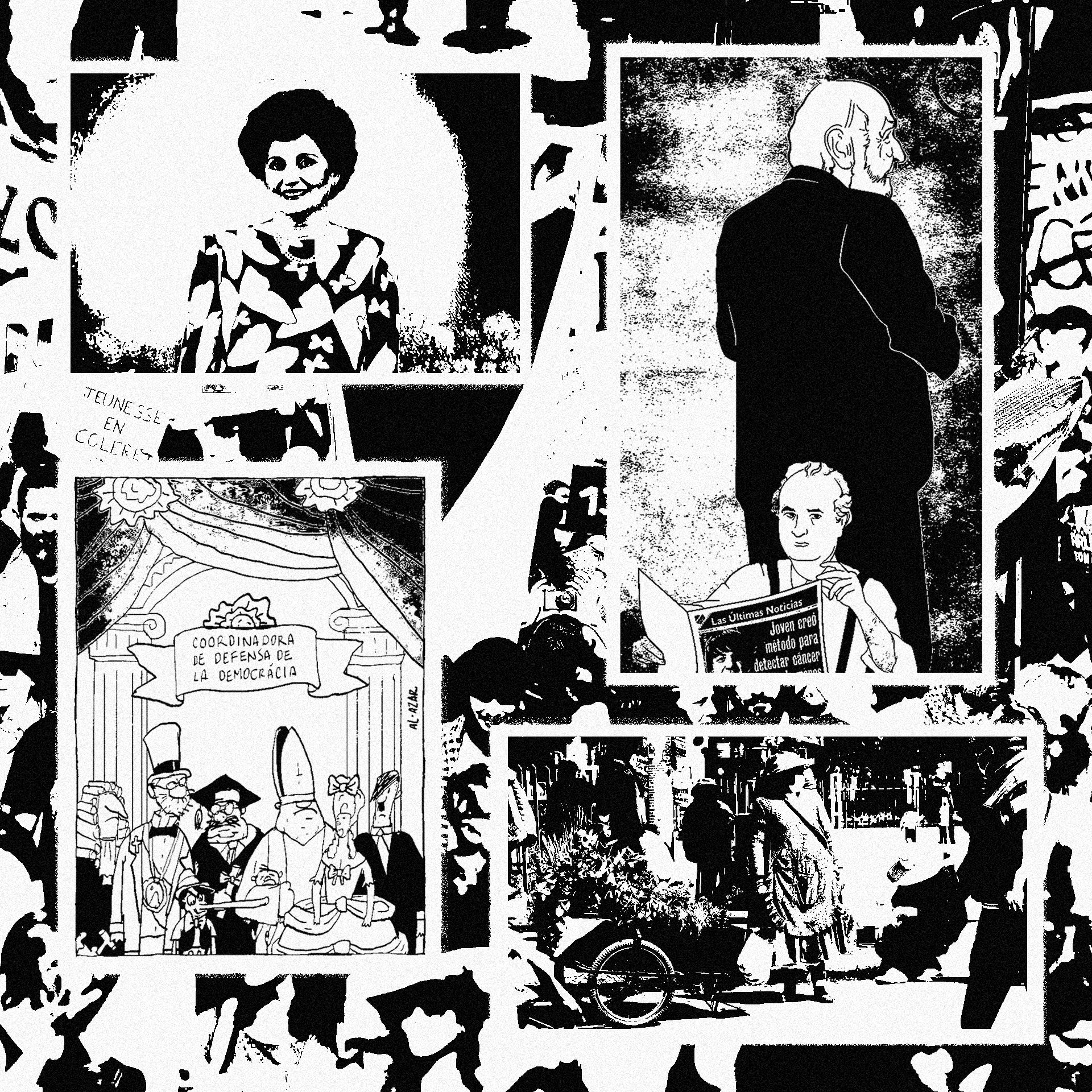 Collage en blanco y negro de recortes de prensa y fotografías de archivo